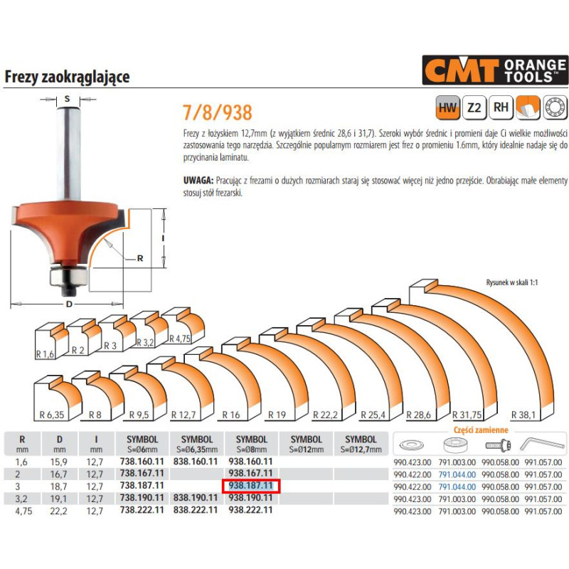 CMT Freza HW R=3 D=18,7 I=12,7 L=52,5 S=8, CMT