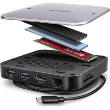 Axagon HMC-UFO USB-C Hub M.2 SATA/NVMe 1 Gbit/s Ethernet 384 kHz Audio Vielinis USB 3.2 Gen 2 (3.1 Gen 2) Type-C Juoda