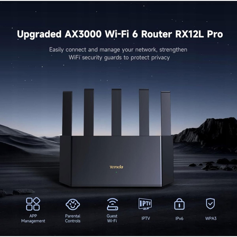 Tenda Wireless Router|TENDA|Router|3000 Mbps|Mesh|IEEE 802.3|IEEE 802.3ab|IEEE 802.3u|IEEE 802.11a|IEEE 802.11b|IEEE 802.11g|IEEE 802.11n|IEEE 802.11ac|IEEE 802.11ax|3x10/100/1000M|1x10/100/1000M|Number of antennas 5|TX12LPRO