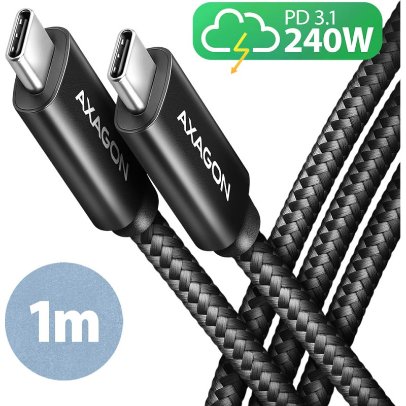 Axagon BUCM2-CM10AB Ladekabel, USB-C zu USB-C 2.0, 1 m, PD 240 W 5 A, ALU - Schwarz - 1 Meter langes USB-C zu USB-C Kabel - Daten- und Ladef&auml;hig USB kabelis USB 2.0 USB C Juoda