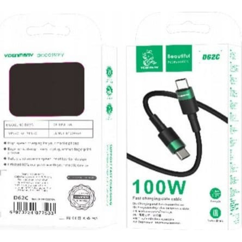 Denmen Kabel USB Denmen KABEL USB TYP-C DO TYP-C PD USB-C 3,6A DENMEN CZARNY OPLOT 1M D62 100W