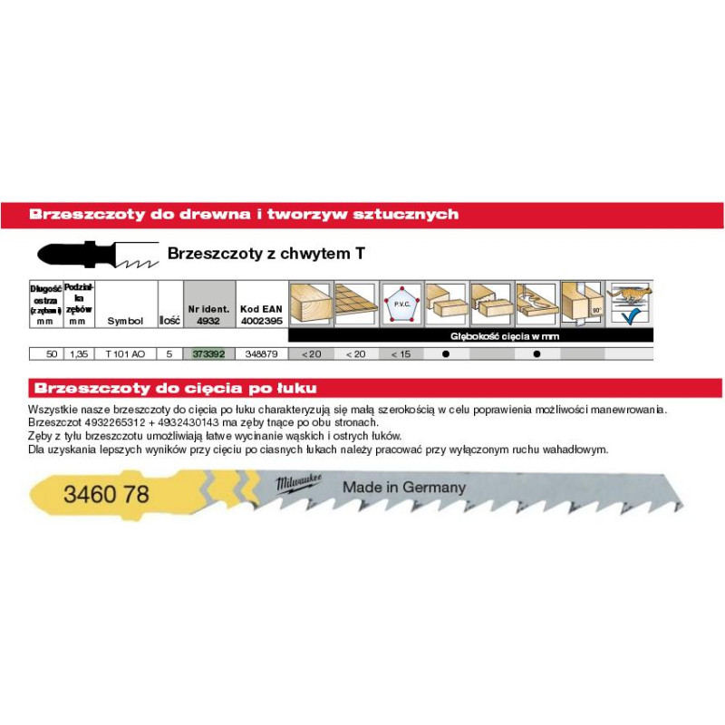 Milwaukee BRZESZCZOT DO WYRZYNARKI T101AO 50mm KOMPLET - 5szt. DREWNO/PCV,  CIĘCIE PO ŁUKU