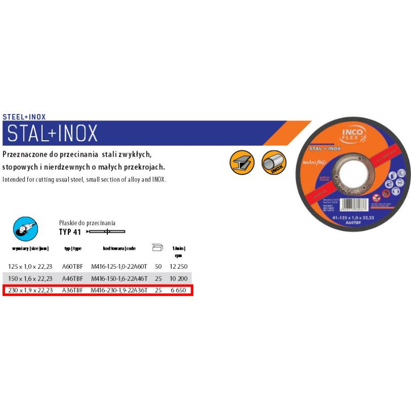 Incoflex TARCZA DO METALU 230 x 1,9mm INOX