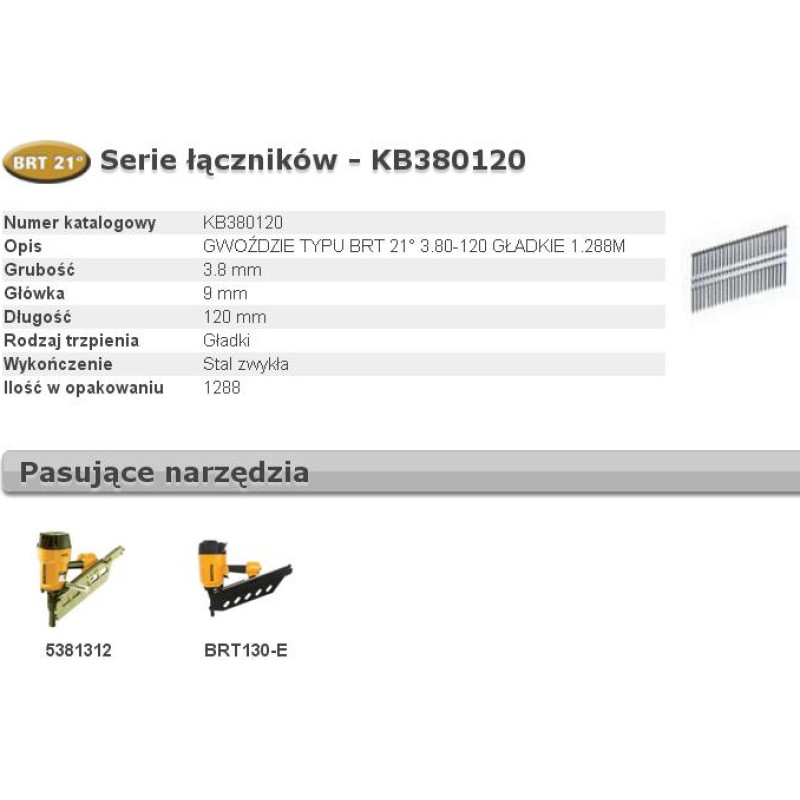 Bostitch GWOŹDZIE BRT21 3,80 x 120mm 1288 szt. KB380120