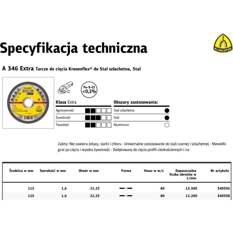Klingspor TARCZA DO CIĘCIA METALU 115mm x 1,6mm x 22,2mm A346 Extra