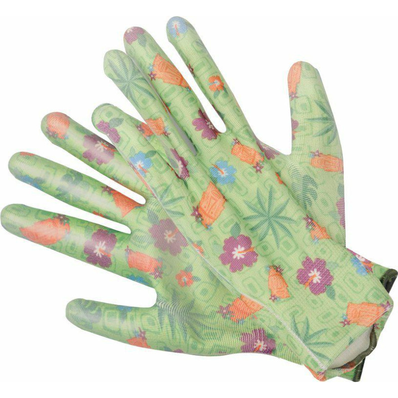 FLO Gardening gloves rubberized in flowers 10" green 74135