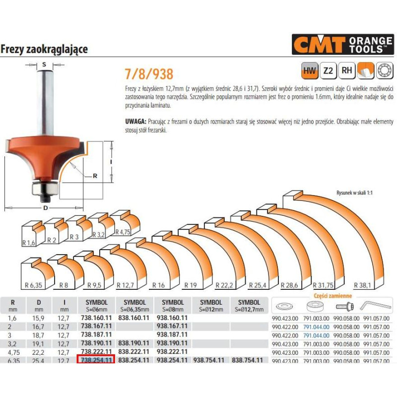 CMT FREZ ZAOKRĄGLAJĄCY Z ŁOŻYSKIEM HM R= 6,35 D=25,4 I=12,7 S=6...