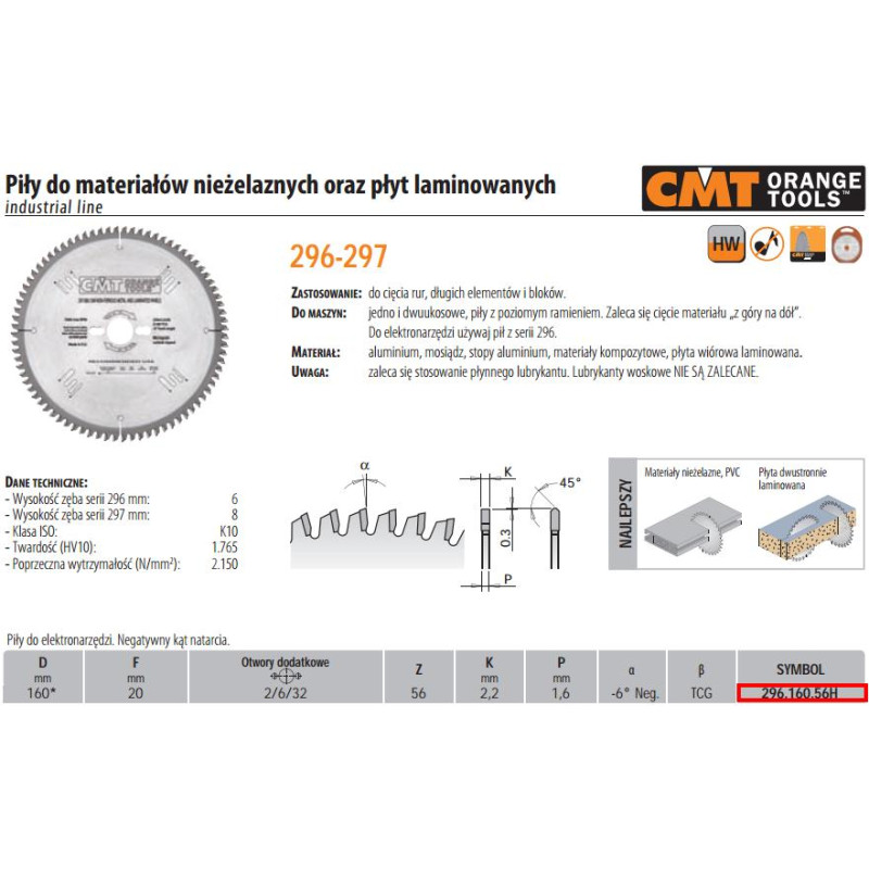 CMT Diskas pjovimo Industrial Line HW 160x2,2/1,6x20mm Z56 a=-6° b=TCG, CMT