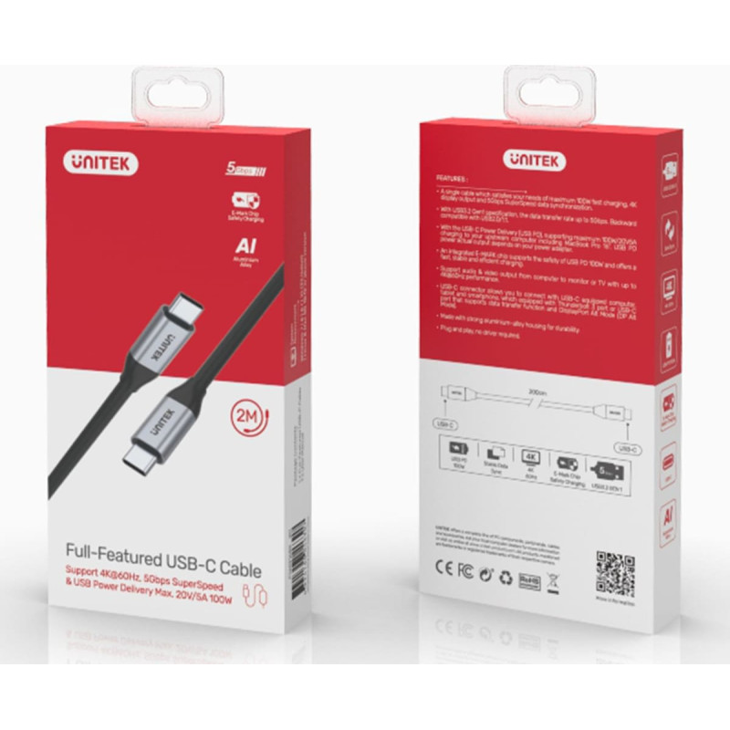 Unitek USB cable Unitek USB-C - USB-C 2 m Silver (C14091ABK)