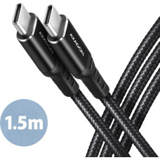 Axagon Data and charging USB 2.0 cable 1.5 m long. PD 60W, 3A. Black braided. USB kabelis 1,5 m USB C Juoda