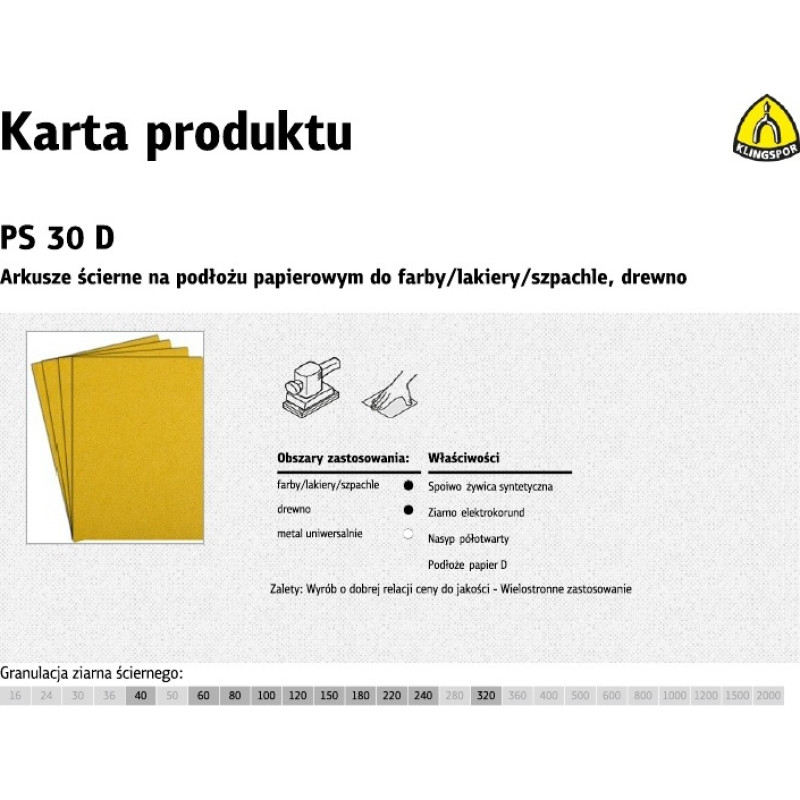 Klingspor ARKUSZE ŚCIERNE NA PODŁOŻU PAPIEROWYM 230mm x 280mm PS30D gr.150 /50szt.