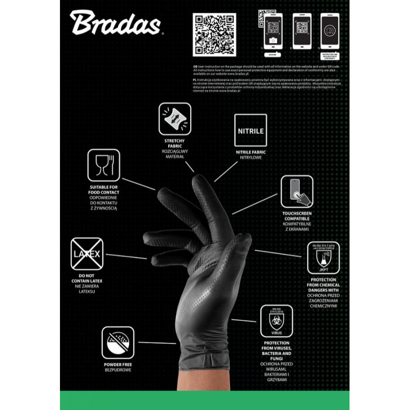 Bradas RĘKAWICE NITRYLOWE DIAMOND CZARNE   L 8-9 /50szt.