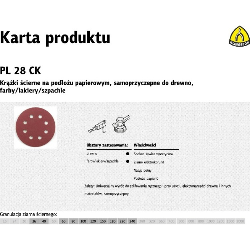 Klingspor KRĄŻEK ŚCIERNY SAMOPRZYCZEPNY 125mm  PL28CK gr.120 GLS5 8-OTWORÓW /50szt.