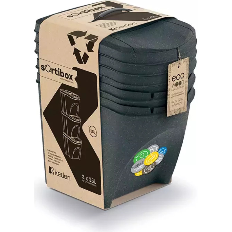 Prosperplast KEDEN KOSZ NA ŚMIECI SORTIBOX 25L SET 3 - ANTRACYT ECO WOOD