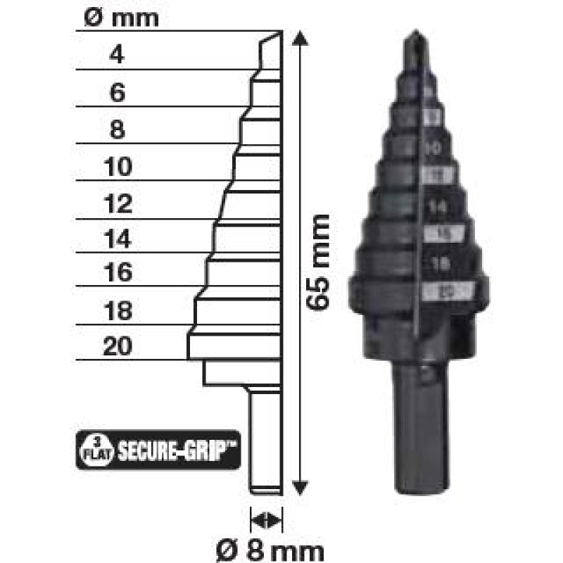 Milwaukee WIERTŁO STOPNIOWE  4-20mm (9 - STOPNI : 4,6,8,10,12,14,16,18,20mm)