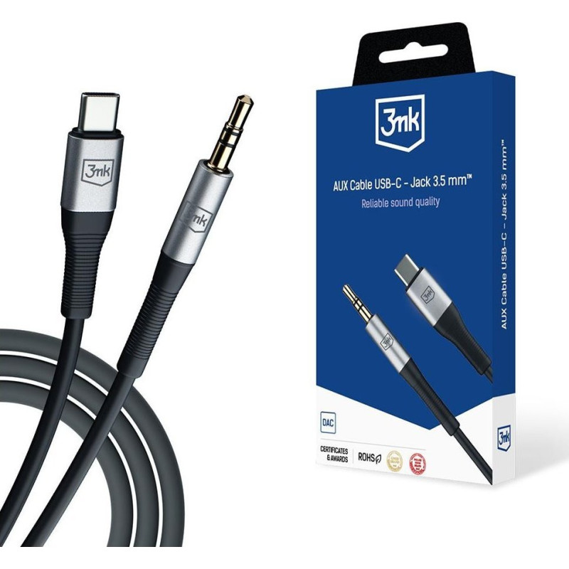 3MK USB cable 3MK USB-C - mini Jack 3.5 mm Black and silver (AUX USB-C - Jack 3.5 mm)