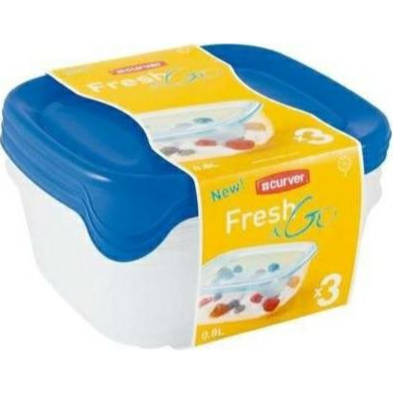 Curver/Keter CURVER ZESTAW POJEMNIKÓW KWADRATOWYCH 
FRESH&GO 3X0,8L   /NIEBIESKI/ TRANSPARENTNY