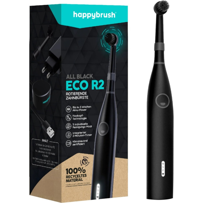 Happybrush ECO R2 Allblack + 3 Refills, Electric Toothbrush (black)