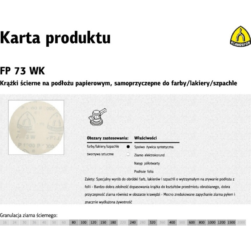 Klingspor KRĄŻEK ŚCIERNY SAMOPRZYCZEPNY 125mm  FP73WK gr.100 /100szt.