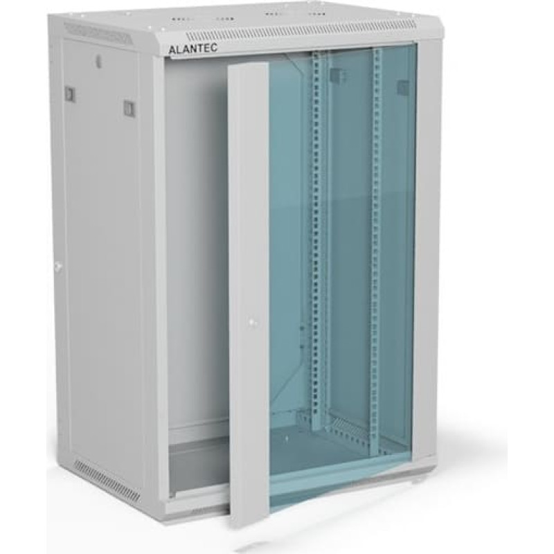 Alantec Szafa wisząca 19" 18U 600x450, drzwi szklane jednoskrzydłowe, tył osłona pełna demontowalna, osłony boczne pełne demontowalne zamykane na klucz, 4 belki, kolor szary, ALANTEC
