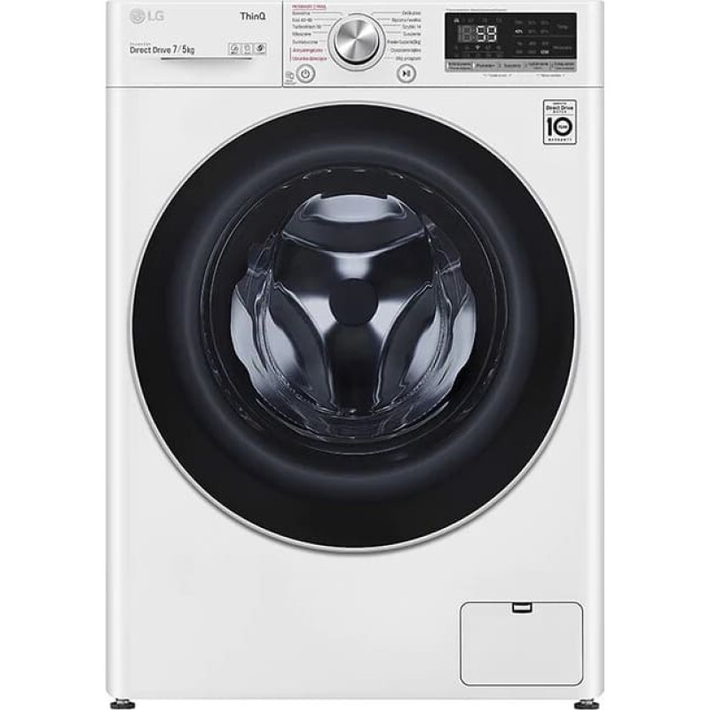 LG | Washing Machine With Dryer | F2DV5S7S1E | Energy efficiency class D | Front loading | Washing capacity 7 kg | 1200 RPM | Depth 46 cm | Width 60 cm | Display | LED | Drying system | Drying capacity 5 kg | Steam function | Direct drive | Wi-Fi | White