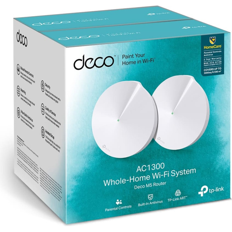 Tp-Link AC1300 Whole Home Mesh Wi-Fi System | Deco M5 (2-pack) | 802.11ac | 867+400 Mbit/s | 10/100/1000 Mbit/s | Ethernet LAN (RJ-45) ports 2 | Mesh Support Yes | MU-MiMO Yes | No mobile broadband | Antenna type 4xInternal per Deco uni