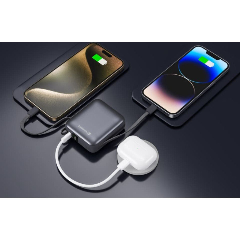 Swissten Power Bank 10000 mAh with Built-In Cables USB-C and Lightning