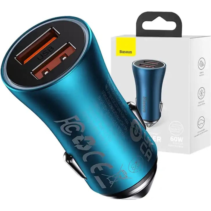 Baseus Golden Contactor Max car charger, 2x USB, 60W (blue)