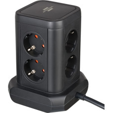 Brennenstuhl 8-way power strip tower, 2x USB-A, 1x USB-C, black power strip, 2 meter cable, with safety switch