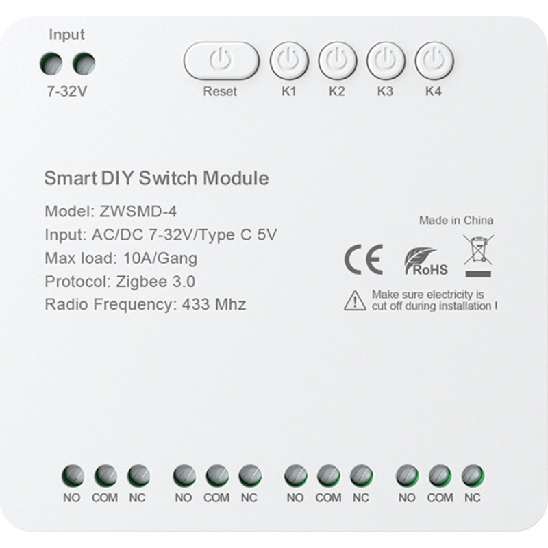 Avatto 4-channel ZigBee switch module with voltage-free DC 32V contact Avatto ZWSMMD-4-32V