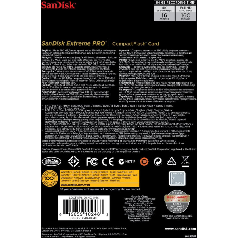 Sandisk Extreme Pro CF      64GB 160MB/s         SDCFXPS-064G-X46