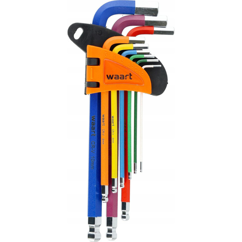 Waart ZESTAW KLUCZY SZEŚCIOKĄTNYCH Z KOŃCÓWKĄ KULISTĄ, KOLOROWE, 1.5-10 mm, DŁUGIE, 9 SZT.