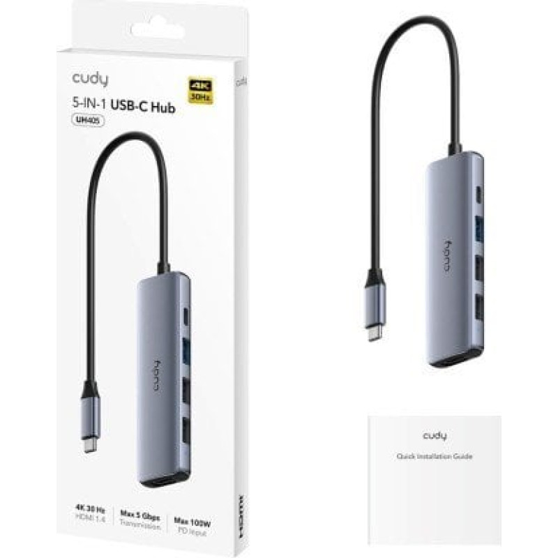 Cudy „Cudy UH405 PortMate USB-C 5-in-1“ šakotuvai, 4K HDMI, USB-C, PD, USB-A, 3.0, 2.0, aliuminio, pilkos spalvos