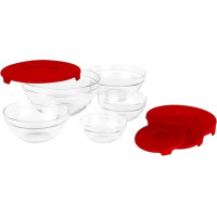Stiklinių dubenėlių rinkinys su dangteliais 5vnt. raudonas VN-GB1401R VANORA