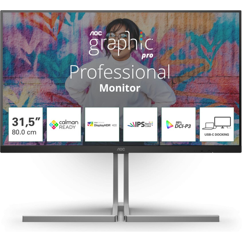 AOC U32U3CV kompiuterio monitorius 80 cm (31.5") 3840 x 2160 pikseliai 4K Ultra HD LCD Juoda