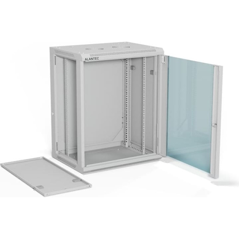 Alantec Szafa wisząca 19" 15U 600x450, drzwi szklane jednoskrzydłowe, tył osłona pełna demontowalna, osłony boczne pełne demontowalne zamykane na klucz, 4 belki, kolor szary, do samodzielnego montażu - Flat Pack, ALANTEC