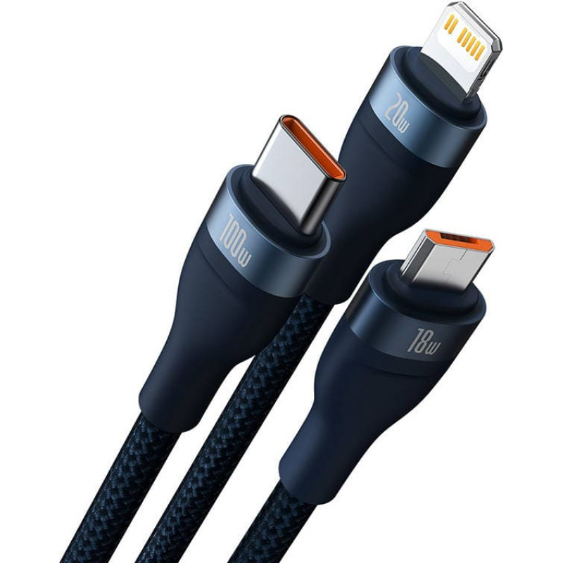 Baseus 3in1 USB cable Baseus Flash Series 2, USB-C + micro USB + Lightning, 100W, 1.2m (blue)
