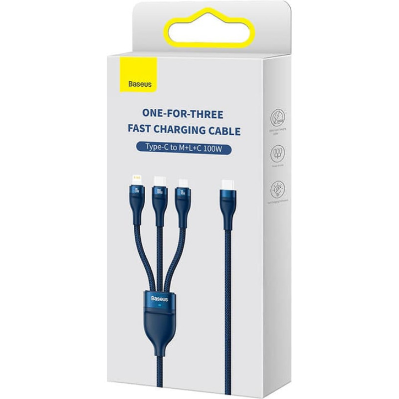 Baseus 3in1 USB cable Baseus Flash Series 2, USB-C + micro USB + Lightning, 100W, 1.5m (blue)