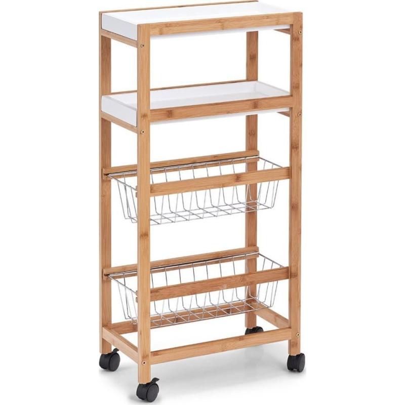 Zeller W&oacute;zek do kuchni w kolorze białym, barek na k&oacute;łkach, pomocnik kuchenny, p&oacute;łka do kuchni, białe p&oacute;łki, meble bambusowe, ZELLER