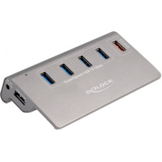 Delock USB 10 Gbps hub with 4 USB Type-A ports + 1 quick charging port, USB hub (grey, incl. power supply)
