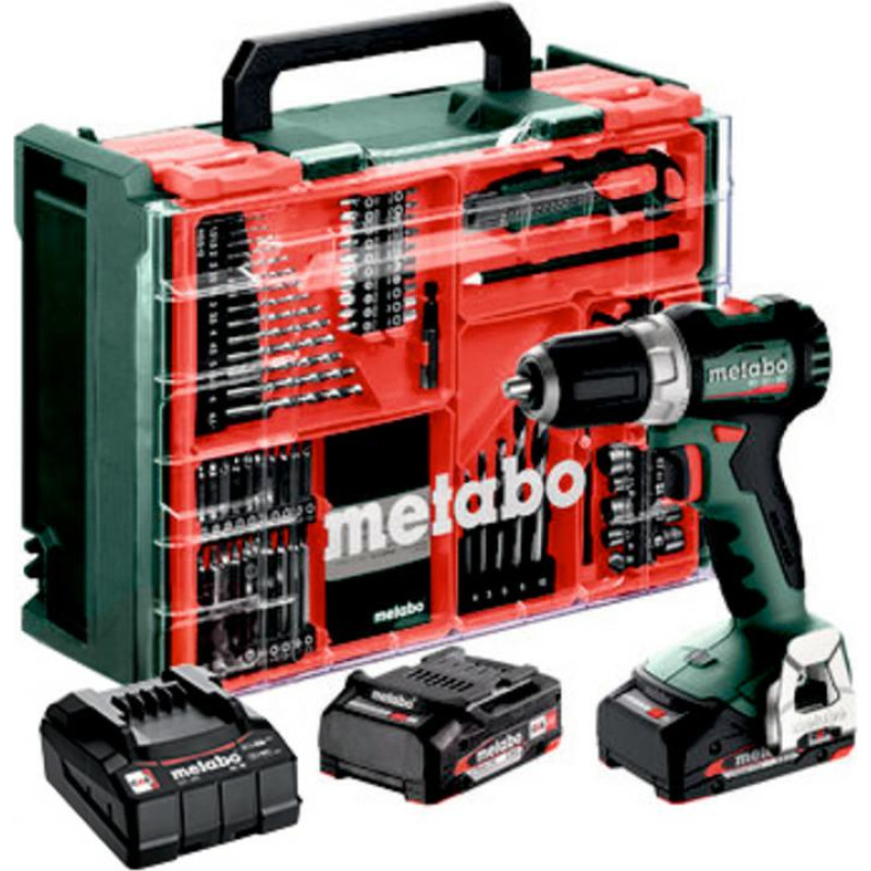 Metabo BS 18 L BL Set Mobilny warsztat  + 2 akumulatory Li-Ion 18V/2,0 Ah z ładowarką SC 30 + 74 elementów