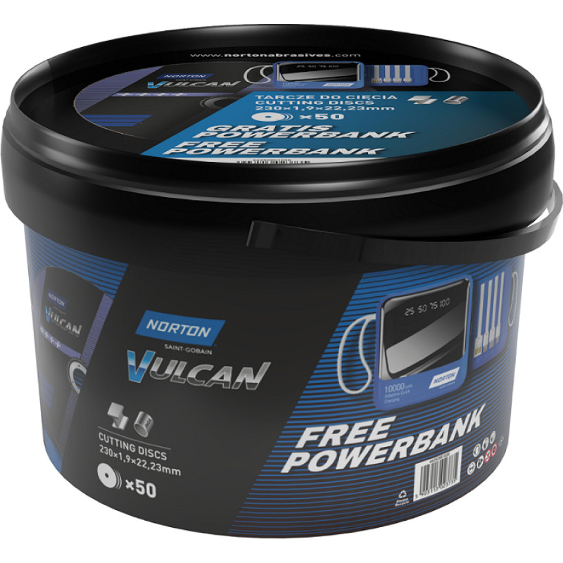 Norton TARCZA.VULCAN 230 x 1,9 WIADERKO 50/szt. A46S DO METALU+POWERBANK GRATIS