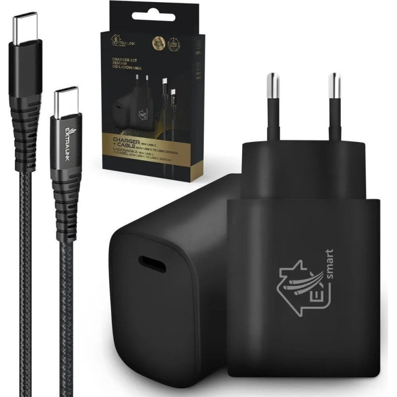 Extralink Ładowarka ExtraLink EXTRALINK SMART LIFE SET02 CABLE + CHARGER: 60W 20V 3A, USB-C-USB-C, 200CM / 18W PD3.0 5V/3A 9V/2A (BLACK)