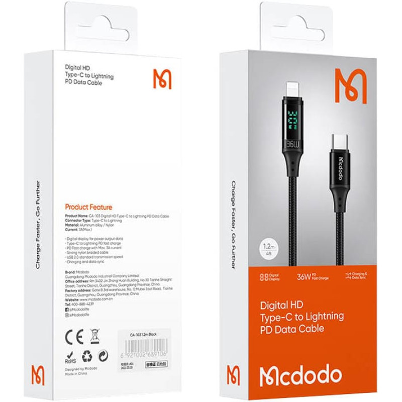 Mcdodo Cable Mcdodo CA-1030 USB-C to Lightning, 36W, 1.2m (black)