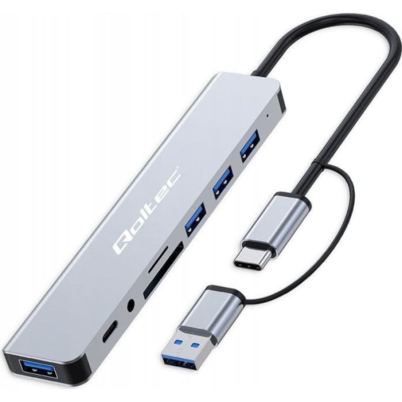 Qoltec HUB Adapter 8w1 USB-C/USB | USB-C | 4xUSB | SD/TF card | Jack    3.5mm TRRS
