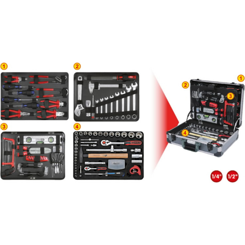 Ks Tools Universalus įrankių komplektas 1/4"+1/2" 127 vnt, KS Tools