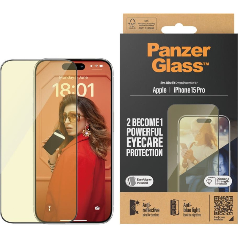 Panzerglass ® Eyecare Screen Protection iPhone 15 Pro | Ultra-Wide Fit w. EasyAligner Skaidri ekrano apsauga Apple 1 vnt