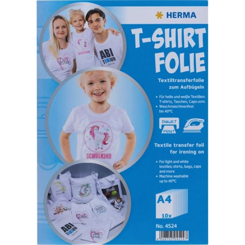 Herma T-Shirt Folie A4 f&uuml;r helle + wei&szlig;e Textilien 10 Blatt  4524