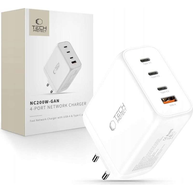 Tech-Protect NC200W-GAN 4-PORT NETWORK CHARGER PD 200W / QC3.0 WHITE