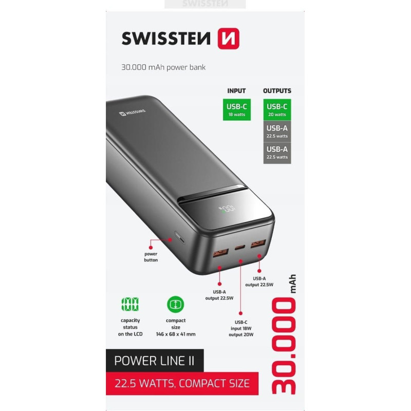 Swissten , Powerbank, POWER LINE II, Li-Pol, 5/9/12V, do �adowania telefon�w i innych urz�dze�, 22013948, 30000mAh, czarna